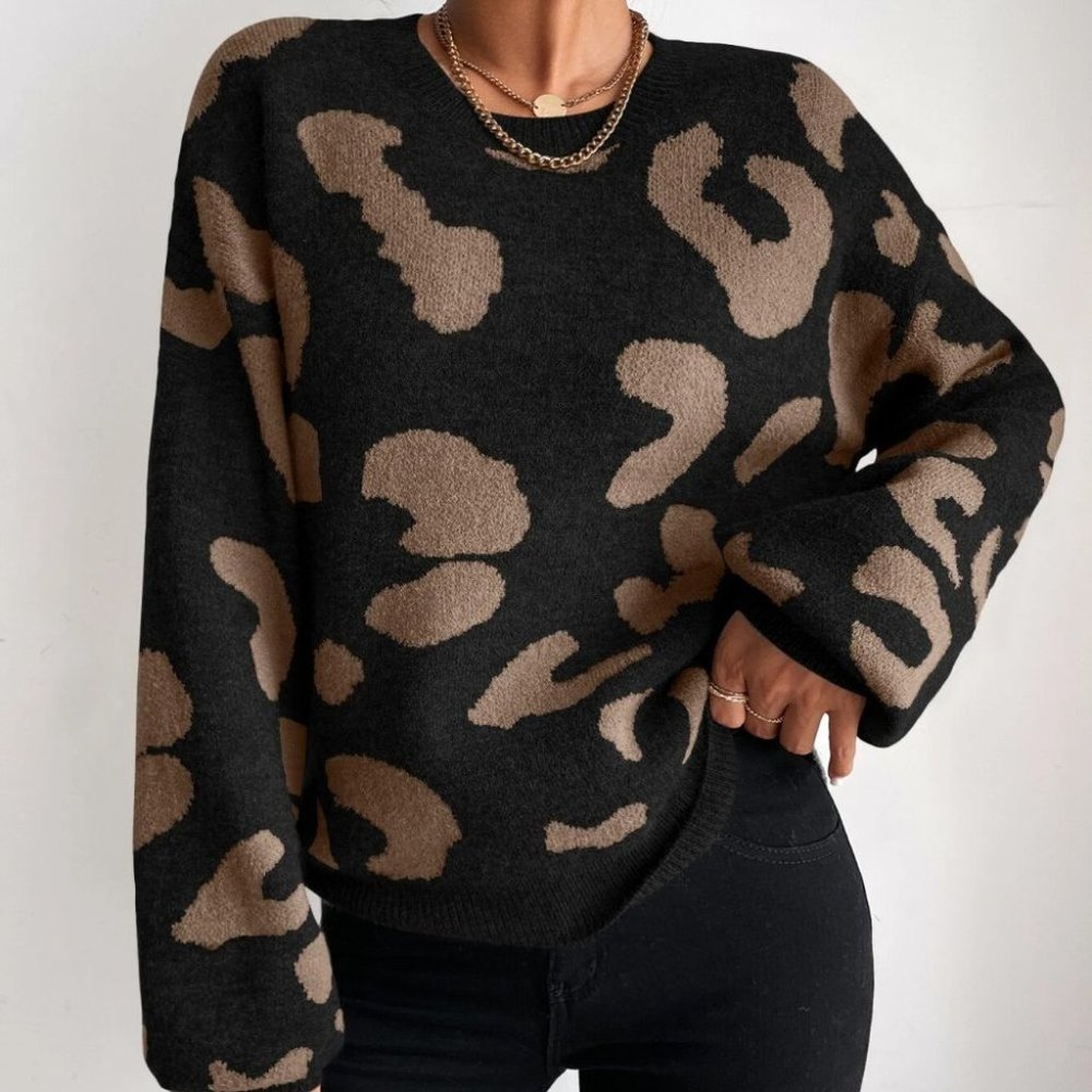 Black Preppy Womens Leopard Print Graphic Pattern Sweater - Picture 5 of 5